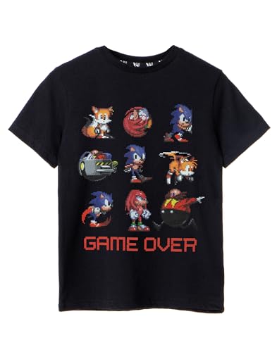 Sonic The Hedgehog Boys T-Shirt | Kids Black Game Over Short Sleeve Tee | Pixel 8-Bit Character Knuckles Tails Dr. Egg Man