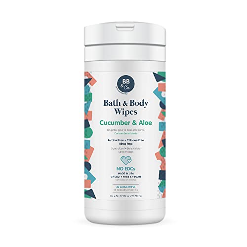BB&CO Bath & Body Wipes — Cucumber & Aloe — 30 Wipes — Use as Diaper Wipes, for Bath & to Freshen — Alcohol, Chlorine, & Rinse Free — No EDCs — Safer for Baby — Good for the Whole Family — Made in USA