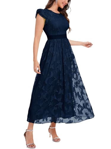 Image of Women's Casual Tulle Midi Dress Ruffle Sleeve Crewneck Lace Flowy Dresses Party Wedding Guest Sundress