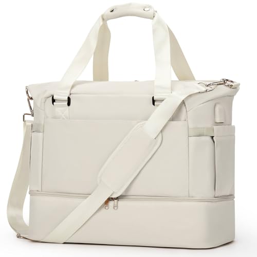 Image of Weekender Bags for Women, Travel Duffel with Shoe Compartment USB Charging, Carry On Gym Duffle Bag with Wet Pocket, Personal Item Overnight Tote Bag for Airlines with Toiletry Bag, Beige