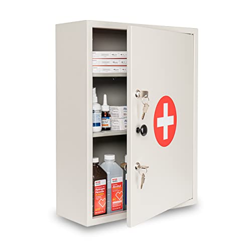 Metateel Large Dual-Lock Medicine Cabinet – Wall Mounted & Secure Steel Medicine Pills & First Aid Kit & Emeergency Kit Box with Locks for Home Office & School Use (White) - Thumbnail 2