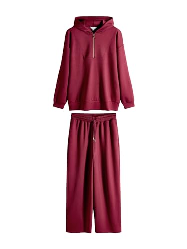 THE SET Mujeres Conjunto de sudadera extragrande con cierre de cremallera y pantalones de chándal Rojo Borgoña XS