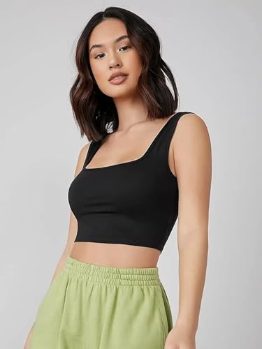Image of LONDON BELLY Women's Polyester Tank Top with Square Neck Sleeveless Body Fit Crop Length and Solid Pattern | Party Crop Top Women | Woman Office Casual Smart Top