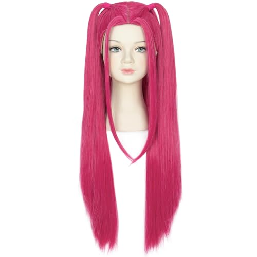 Yan Dream 29.5inch Long Straight Hot Pink Wig with 2 Pigtails Small Head Cosplay Wig for Halloween Party