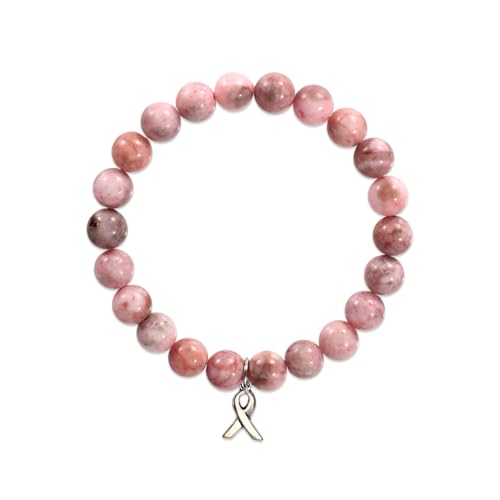 Breast Awareness Bracelet for Women, Ribbon Charm Beaded Bracelets Natural Stone Agate Breast Survivor Self Care Inspirational Gifts Encouragement Accessories for Woman Friends Sister