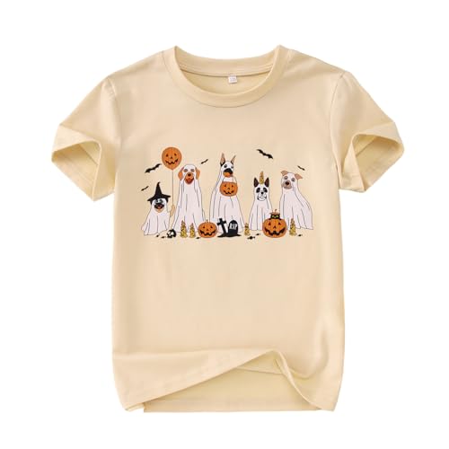 SOFEON Kids Halloween Ghost Dog Shirt Boys Girls Doggy Pumpkin T-Shirt Funny Cute Spooky Season Short Sleeve Tees Tops 6-11Y