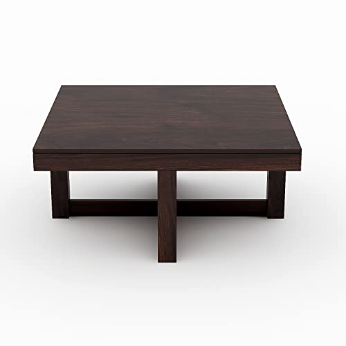 Image of Douceur Furnitures Solid Sheesham Wood Coffee Table with 4 Cushioned Stools for Living Room, Home, Guest Room, Office, Hotel & Cafe | Walnut Finish | Grey Cushions