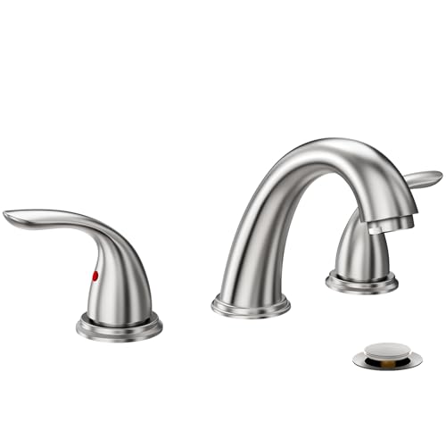 Phiestina 8 Inch 2 Handles 3 Holes Deck Mount Brushed Nickel Widespread Bathroom Faucet, with Stainless Steel Pop Up Drain, WF008-5-BN