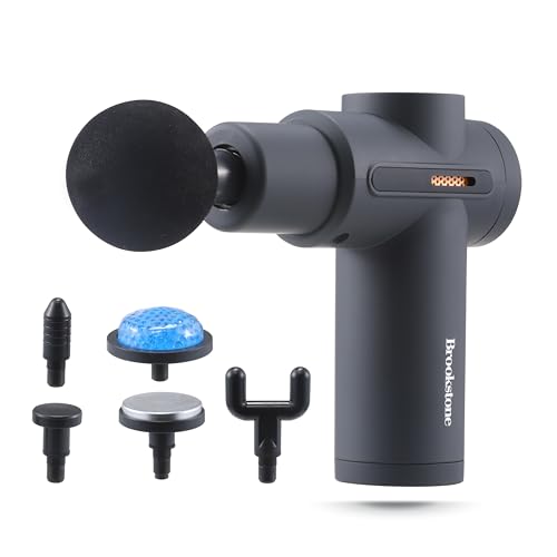 Brookstone - Percussion Massager, Cordless Handheld, Deep Tissue Muscle Relief, Portable, Rechargeable, Multiple Speeds (Grey)