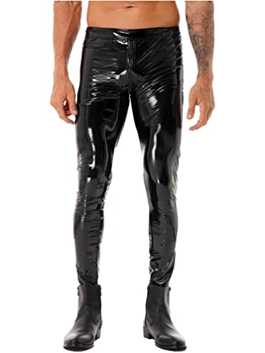 Fldy Men Black Latex Pants Sexy Open Butt Crotchless Wetlook Leather Leggings Pole Dance Trousers Black A Large
