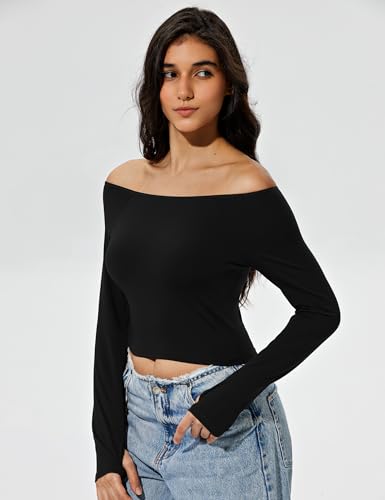 ZeroBound Built in Shelf Bra Off Shoulder Tops - Long Sleeve Off Shoulder Crop Shirts for Women, Basic Going Out Tops3