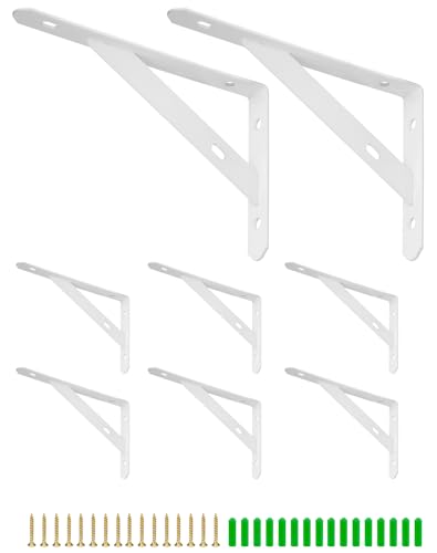 QWORK® 8 Piezas Soportes para Estantes, Soportes Triangulares para Estantes, Soporte de Pared para Estantes con Accesorios para Tornillos, 150 * 95 * 16mm, Blanco
