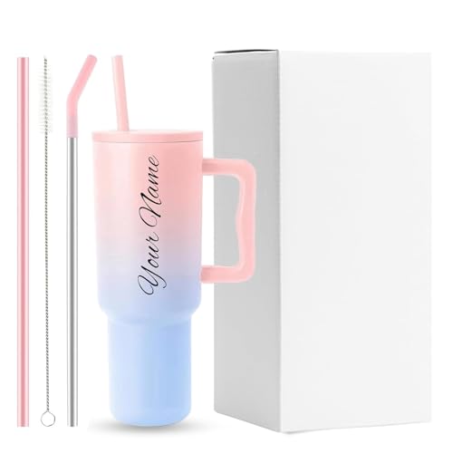 Image of Zephorus Personalized with Your Name, 1200ml Tumbler with Straw-Handle-Stainless Steel Double Wall Insulated Cup Leak-Proof Sipper Mug for Hot-Cold Drinks Coffee - Water Tumbler (Pink Blue Custom)