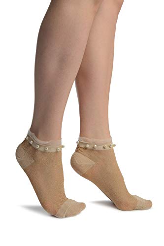 LissKiss Beige With Lurex, Pearls & Frills Top Footsies Socks - Footsies Socks