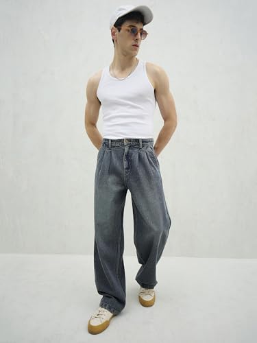 Image of MASCLN SASSAFRAS Blue Washed Front Dart Wide Leg Jeans