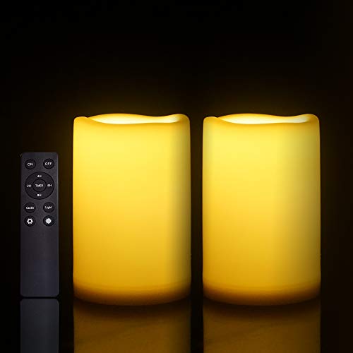 Image of Waterproof Outdoor Flameless Candles with Remote, Set of 2, Large 4 inch x 6 inch Battery Operated Electric LED Pillar Candle Set for Home Decor Party Wedding Supplies Garden Christmas Decoration Gift