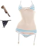 OLYOLY【5点セット】 過激 しましまパンツ 極小 ビキニ ガーターベルト付き 縞パン マイクロビキニ タンキニ ボーダー ショーツ レディース Tバック ニーハイ (03 青)