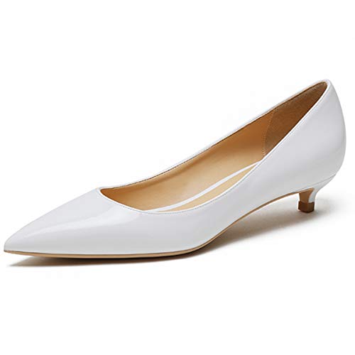 Elashe Klassische Damen Pumps | 1.4 IN Damen Kitten Heel Pumps Low Heels Hochzeitschuhe | Abend Prom Party Kleidschuhe Weiß EU44