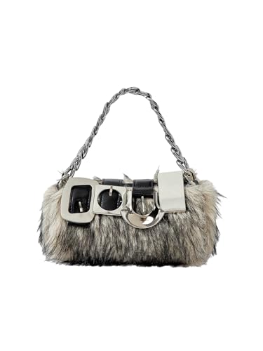 MakeMeChic Womens Faux Fur Bag Top Handle Fuzzy Shoulder Handbags Plush Square Bags Purse Black and White One Size