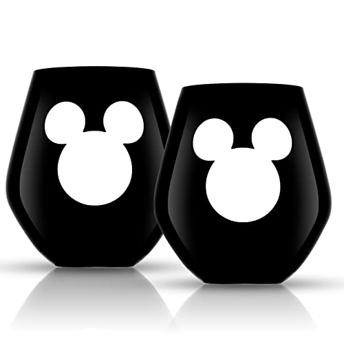 Image of JoyJolt Disney Luxury Mickey Mouse Stemless Wine Glasses Set. 2x European Crystal Glass Drinking Glasses. Premium Xmas Stuff, Gifts and Cups. 20oz Black Wine Glass, Disney Wine Glass