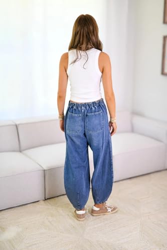 Baifan Women's Baggy Jeans Mid-Waist Drawstring Elastic Waistband Denim Pants3