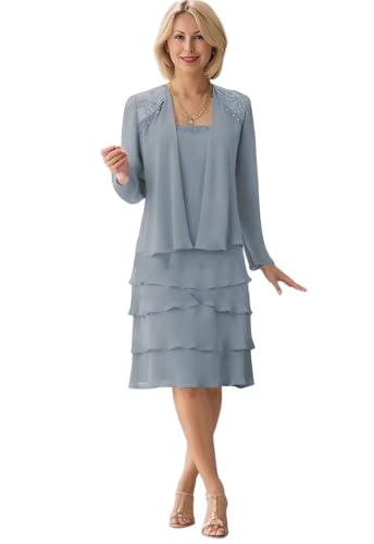 Long Sleeve Mother of The Groom Dresses for Wedding Tea Length Mother of The Bride Dress with Jacket Dusty Blue Formal Dress US 16W