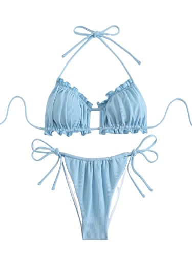 Aizscvu Traje de baño de dos piezas con volantes halter para mujer, conjunto de bikini fruncido a rayas con lazo lateral, Azul/claro, M