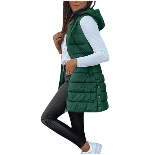 Long Puffer Vest Women Hooded Winter Hooded Vests Casua Lightweight Quilted Jackets Sleeveless Padded Jacket with Pockets