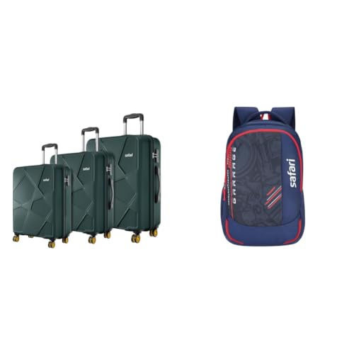 Image of Safari Pentagon Pro 8 Wheels Set of 3 (Cabin + Medium + Large) Trolley Bags, Hard Case + Torque 37L Casual Printed Backpack, 3 compartments, Bottle Holder, Front Pocket, School Bag for Boys
