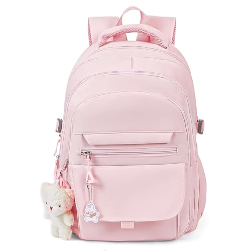 Image of PRLINJSK Girls Backpack for College High Middle School Student, Cute Aesthetic Bookbag for Teens Women with Accessories,Pink