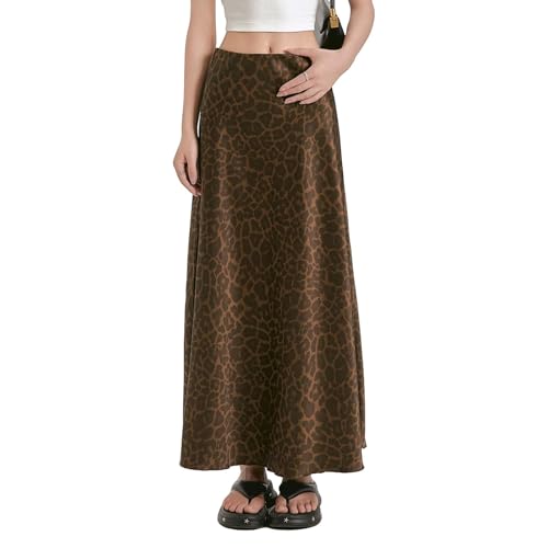 Women's Leopard Print Skirt Satin Midi Long Length High Waisted A Line Casual Drape Y2k Fashion Skirts