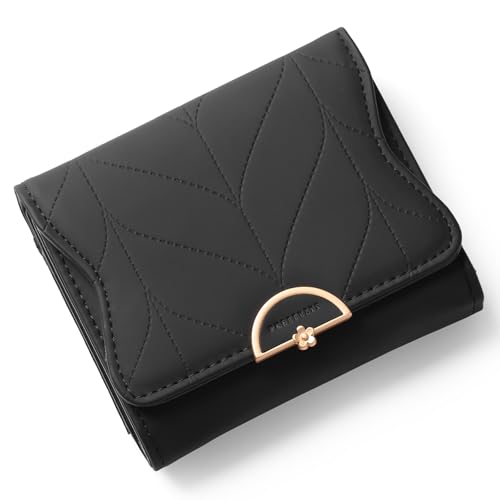 Cute Genuine Leather Wallet for Women RFID Blocking Bifold with Zipper Coin Pocket (Black)