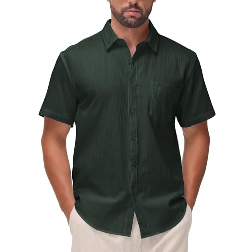 SIR7 Mens Summer Short Sleeve Cotton Linen Shirts Casual Button Down Shirts Beach Vacation Wedding Tops