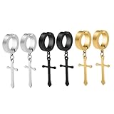 iplusmile Pendientes Clip de Oreja Cruz Colgante, Set de 6 Piezas (2 Negros, 2 Dorados, 2 Plateados), Aleación Ligera, Joyas para Mujer y Hombre, Accesorios Moda para Fiesta y Uso Diario