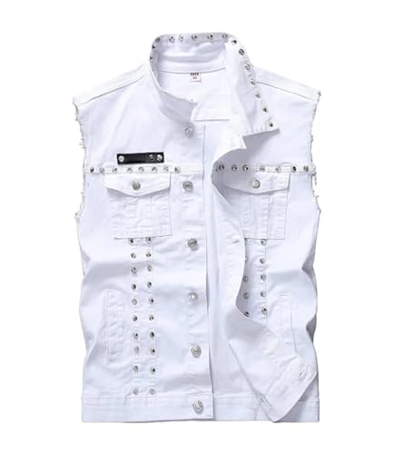 Men's White Denim Vest Single Breasted Rivet Party Stage Slim Fit Cotton Denim Waistcoat