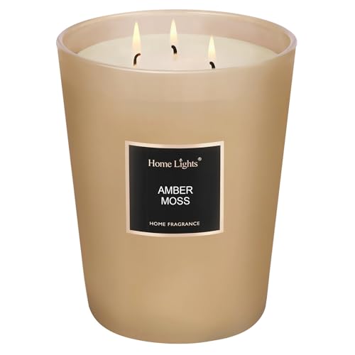 HomeLights Scented Candles, 33.3 oz Large Jar, Natural Soy Candles 3 Cotton Wicks, Smokeless Long Lasting, Aromatherapy Candle Gift for Women & Men, Amber Moss