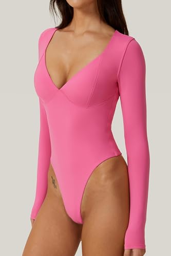 Image of QINSEN Women's Long Sleeve Bodysuit V Neck Body Suits Seamed Cup Going Out Tops Shirt