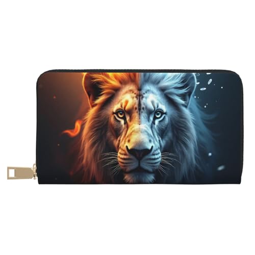 Wallet Women - Abstract Blue Orange Lion Print Leather Wallet for Women with Zipper, Cute Bifold Long Ladies Wallets