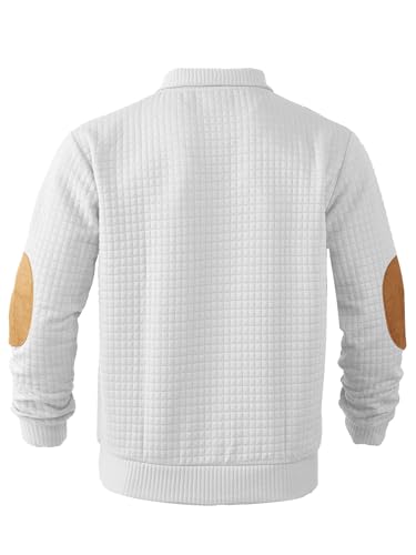 Men's Waffle Knit Long Sleeve Sweatshirt Stand Collar Button Up Pullover Elbow Panel Sweatshirts for Men3