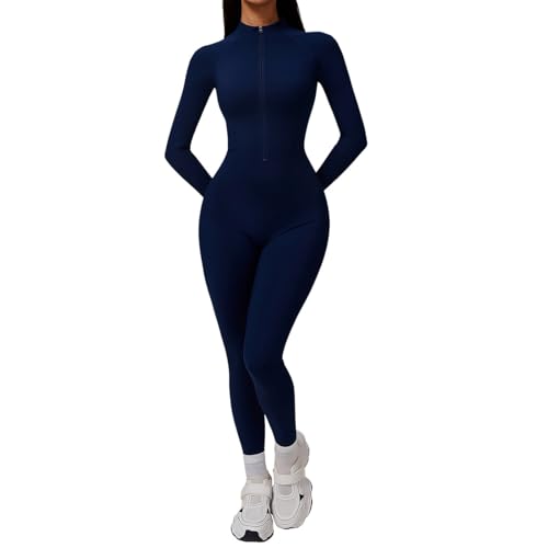 Caxndycing Mono deportivo para mujer, ajustado, de manga larga, con cremallera, sexy y acanalado, forro polar, elástico, conjunto de yoga de invierno, traje térmico para fitness y gimnasio, azul, XL