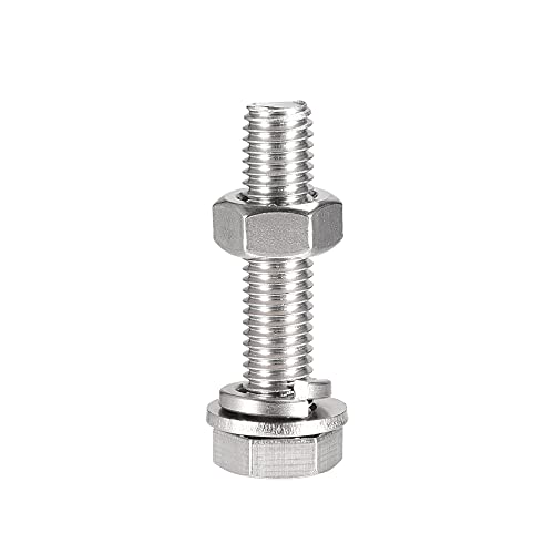Image of uxcell M10 x 50mm Hex Head Screws Bolts, Nuts, Flat & Lock Washers Kits, 304 Stainless Steel Fully Thread Hexagon Bolts 4 Sets