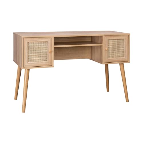 sweeek - Bureau cannage et décor Bois avec 2 Portes. 1 casier Ouvert. Pieds Compas