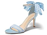 Coutgo Womens High Heels Sandals Lace Bow Tie Back Open Toe Ankle Strap Sexy Stiletto Wedding Party Dress Shoes, Light Blue, Size 9