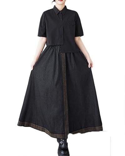 ellazhu Women's Skirt Elastic Waist Solid Straight Hem Two Side Pockets Maxi Loose Casual GZ415