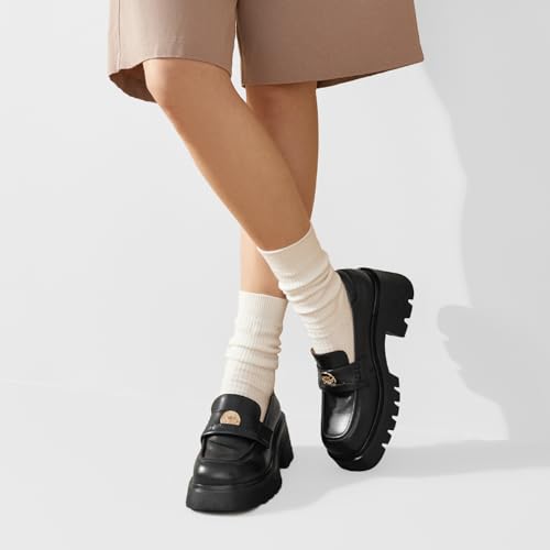 Image of BEAU TODAY Chunky Loafers Women Platform Penny Leather Lug Shoes
