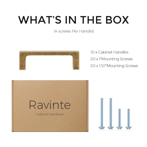 Image of Ravinte Antique Brass Kitchen Cabinet Solid Handles,3 Inch,10 Pack | Solid Zinc Alloy, Modern Slim Style, Square Design, Deep-Thread Firm Base, Screws Included, for Kitchen Drawers & Cupboards