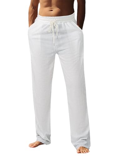 Mens Casual Lounge Pants Lightweight Breathable Drawstring Waist Relaxed Fit Summer Beach Trousers