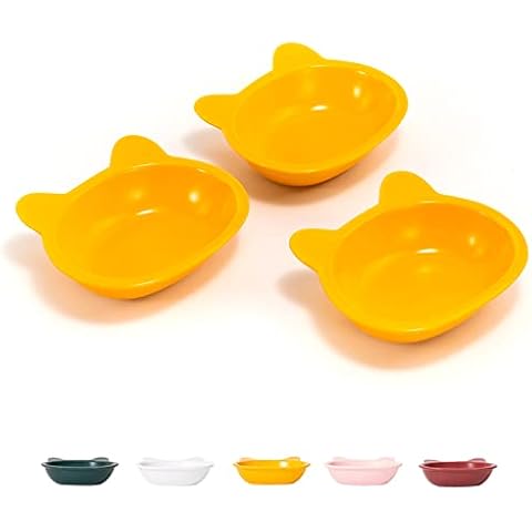 SPUNKYJUNKY Cat Bowls Set of 3 Feeding Bowls Cat Ceramic Feeding Bowl Set to Relieve Whisker Fatigue (3 x 400 ml, Yellow) Cover