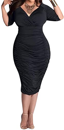 Yiershu Womens Plus Size Short Sleeve Bodycon Dresses Sexy Ruched Wrap Deep V Neck Party Cocktail Dress3