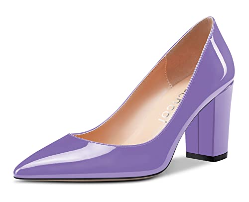 Image of Aachcol Women Pumps Pointed Toe Slip on Mid Heel Dress Office Chunky Block Heels Shoes 3 Inches